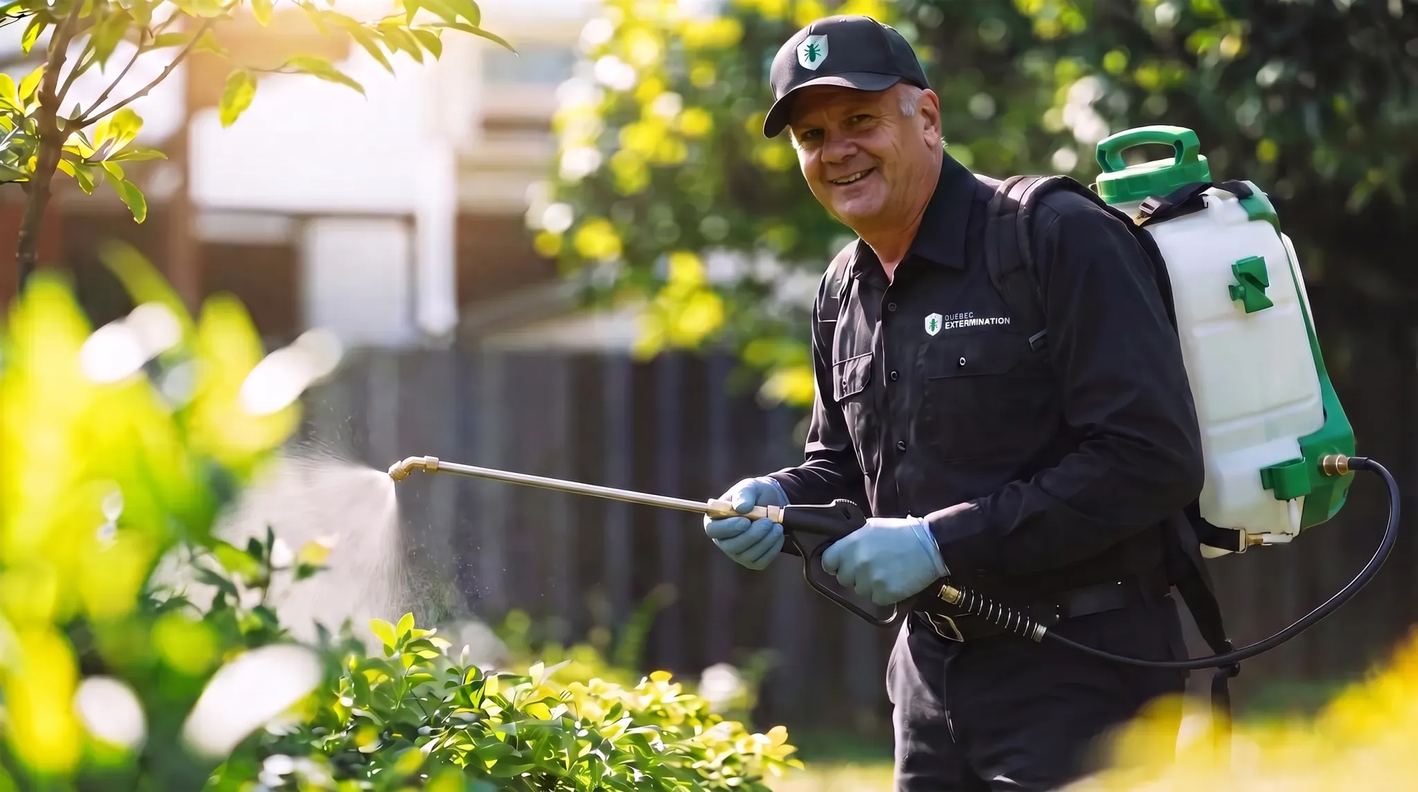 A Québec Extermination technician treating a hedge with a backpack sprayer